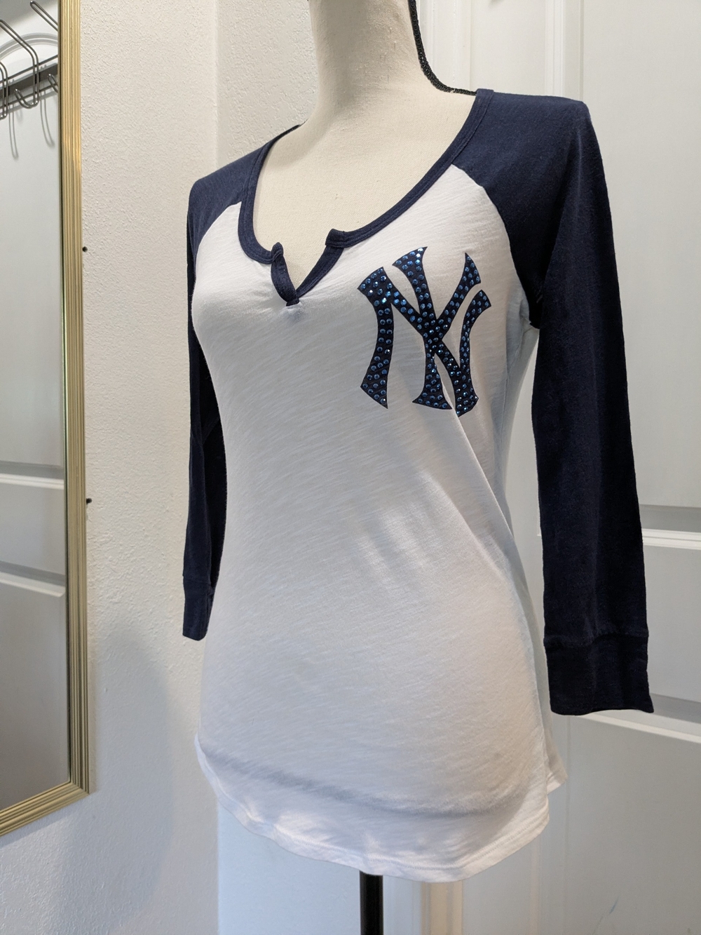 PINK Victoria's Secret White & Navy Studded NY Raglan Henley